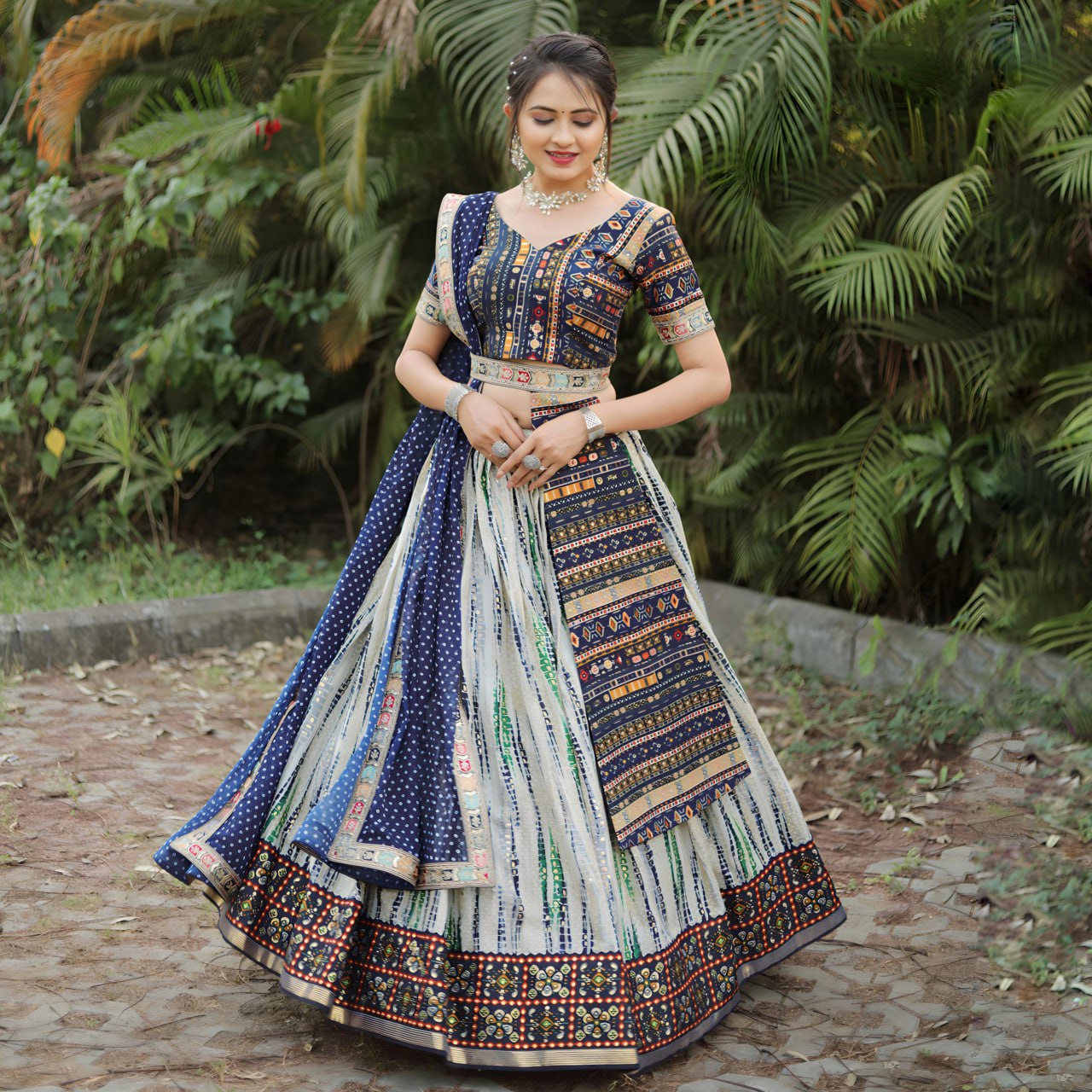 "Royal Shibori Splendor: Navy Blue & Off-White Lehenga Choli Set"