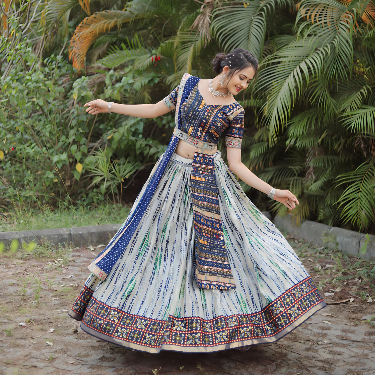 "Royal Shibori Splendor: Navy Blue & Off-White Lehenga Choli Set"