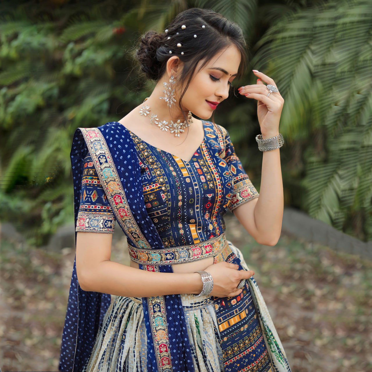 "Royal Shibori Splendor: Navy Blue & Off-White Lehenga Choli Set"