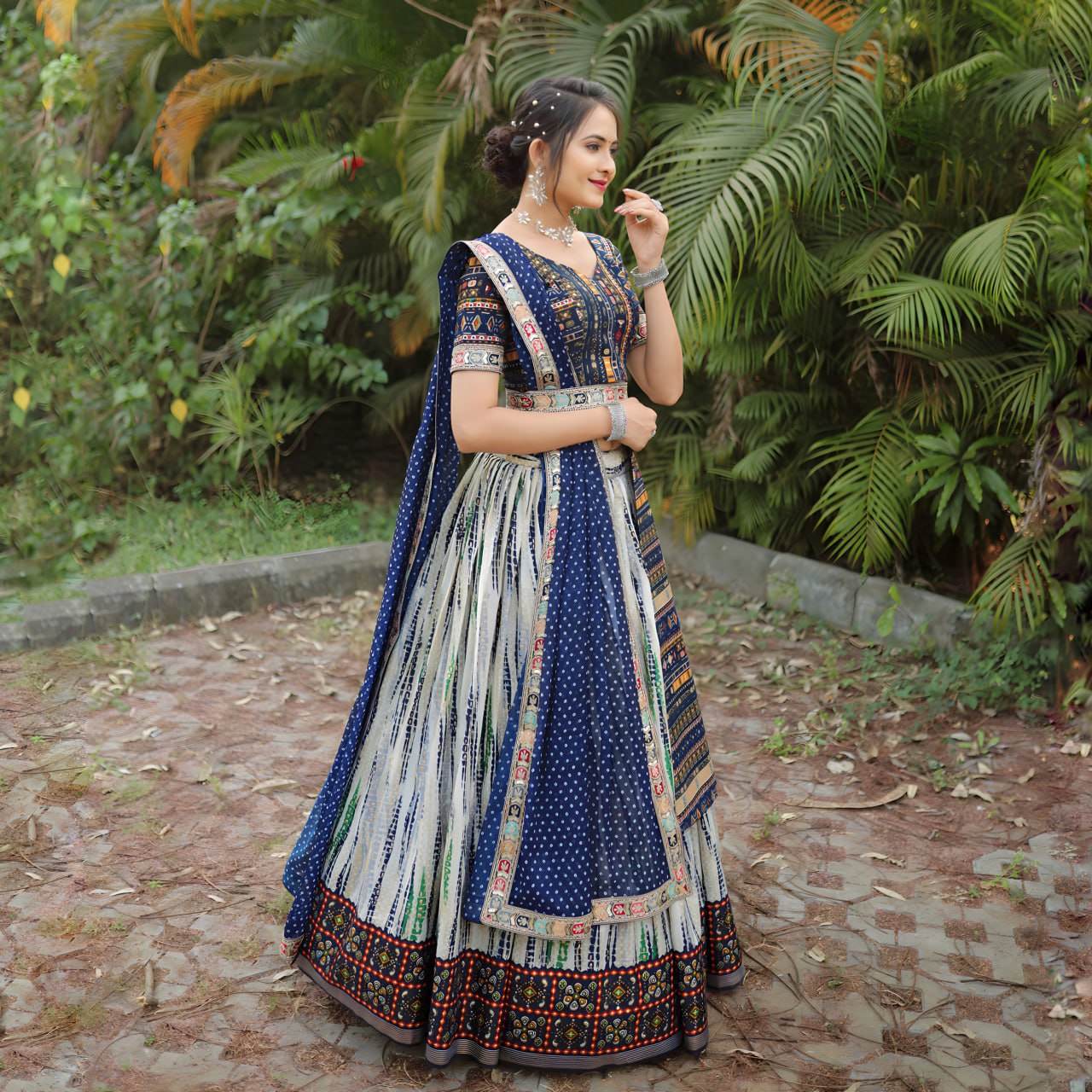 "Royal Shibori Splendor: Navy Blue & Off-White Lehenga Choli Set"