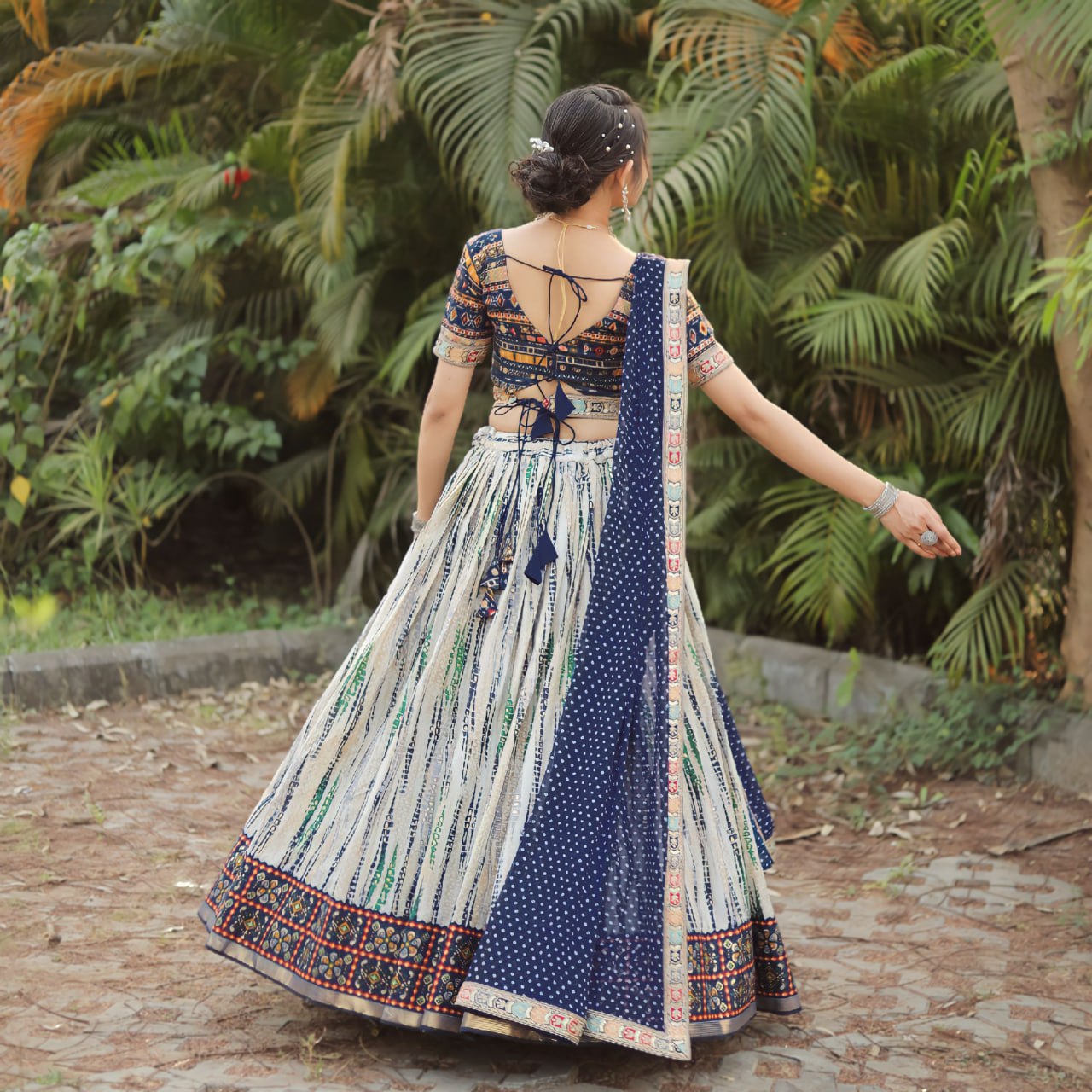 "Royal Shibori Splendor: Navy Blue & Off-White Lehenga Choli Set"