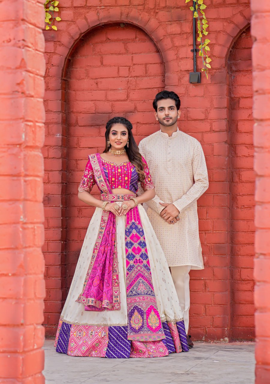 "Opulent Jacquard Lahenga Choli Set & Embroidered Men's Kurta Bottom Ensemble"