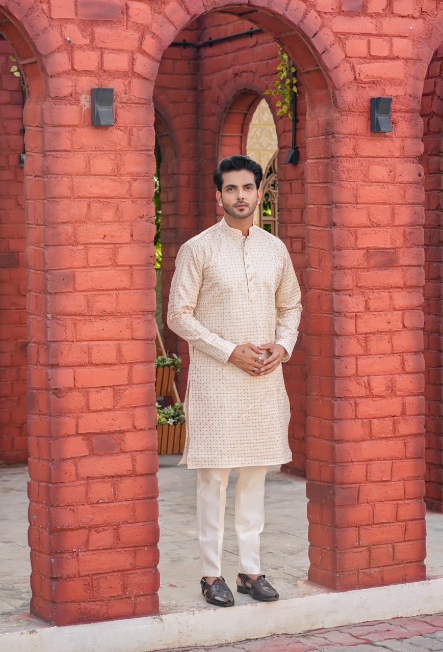 "Opulent Jacquard Lahenga Choli Set & Embroidered Men's Kurta Bottom Ensemble"