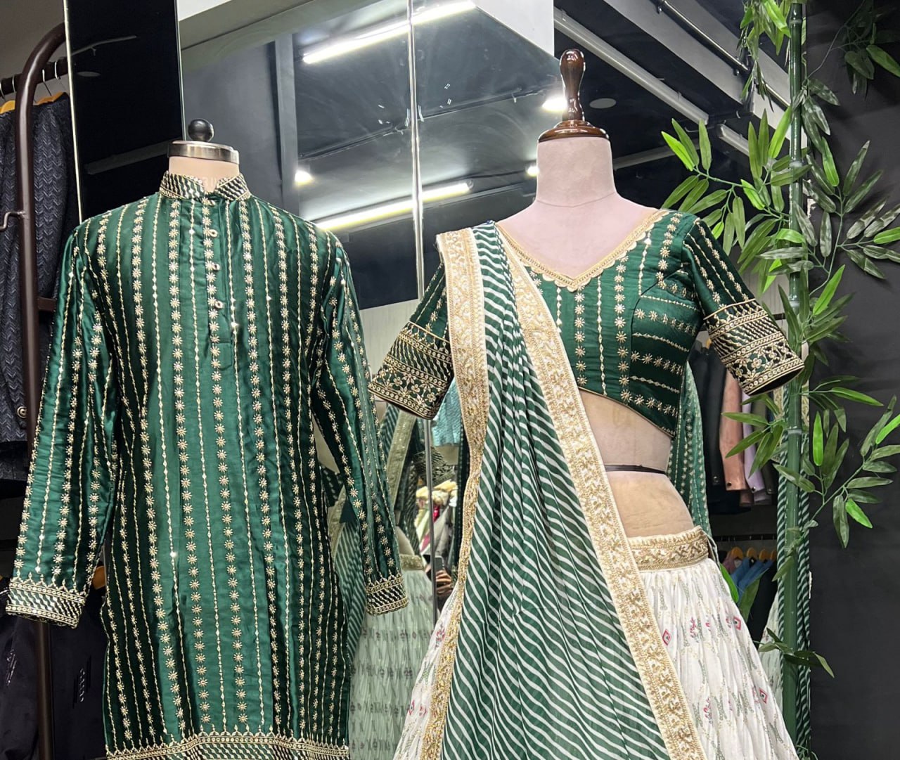 "White Angel Lahenga Choli & Men's Kurta Set: Elegant White & Green Ensemble for Couples"