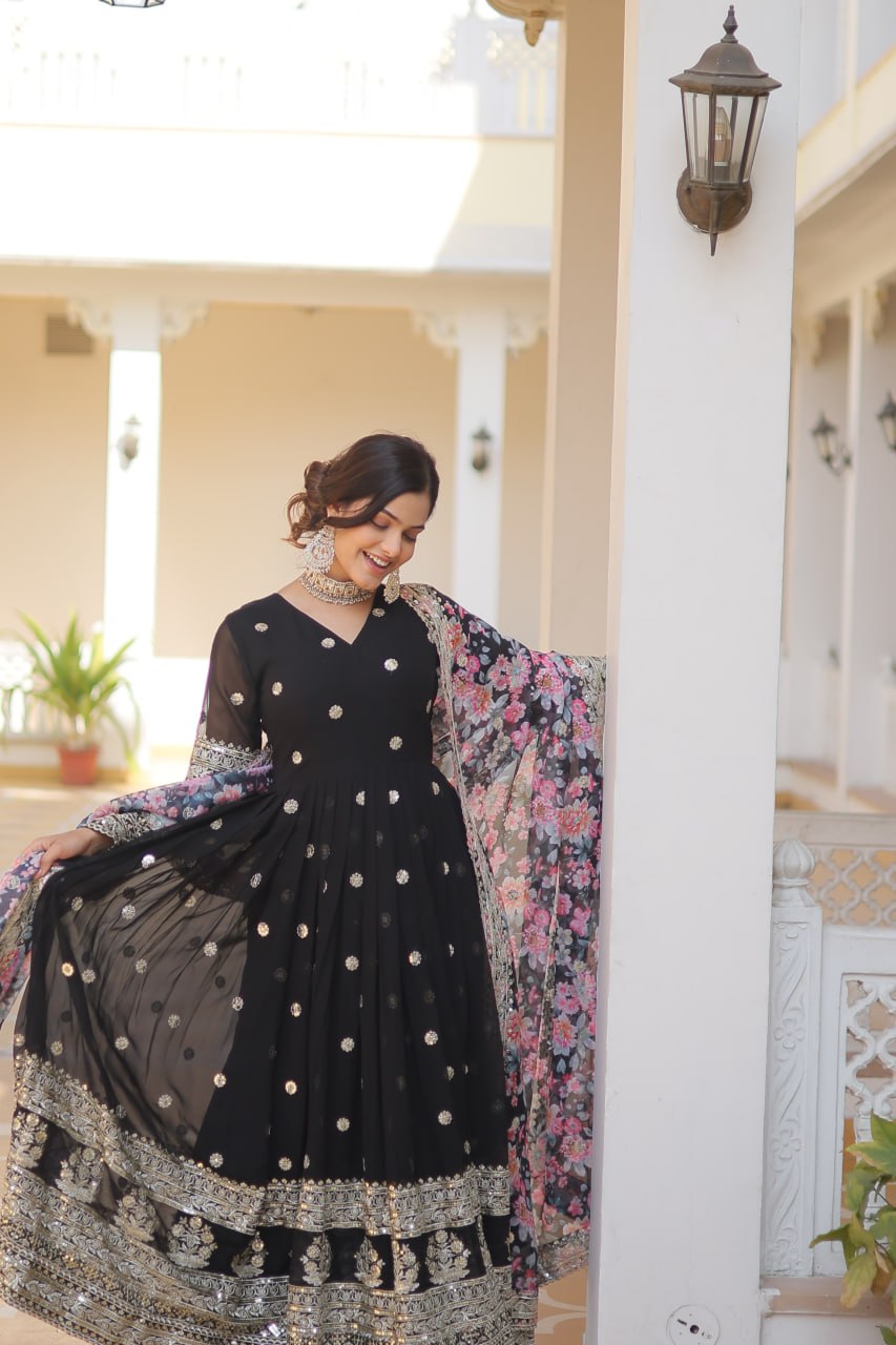 "Exquisite Embroidered Georgette Gown with Tabby Silk Dupatta