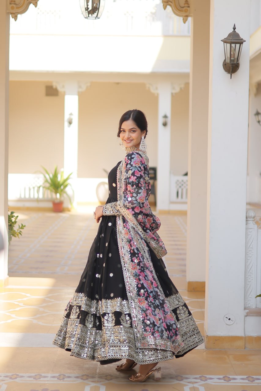 "Exquisite Embroidered Georgette Gown with Tabby Silk Dupatta