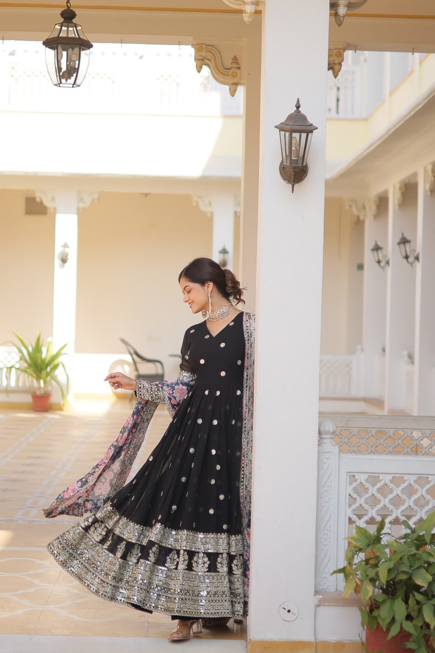 "Exquisite Embroidered Georgette Gown with Tabby Silk Dupatta