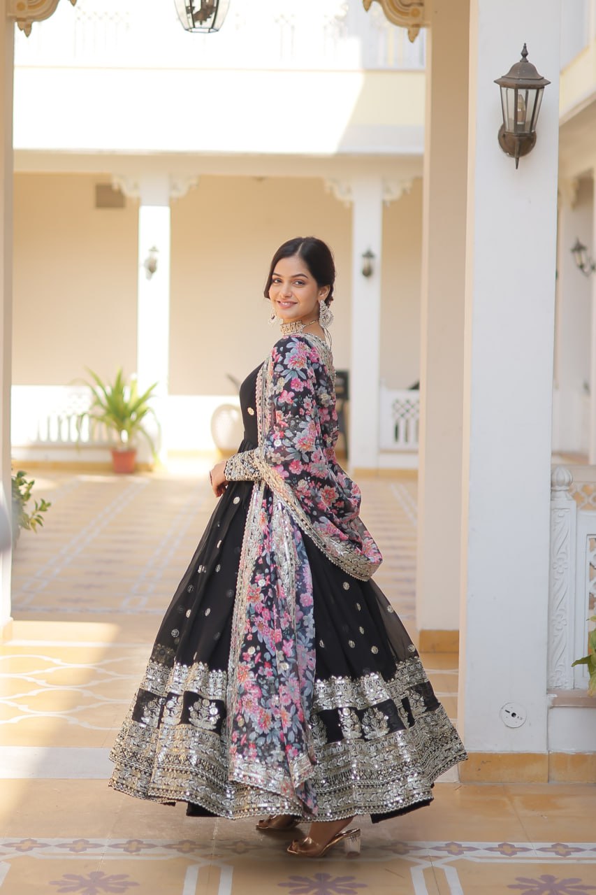 "Exquisite Embroidered Georgette Gown with Tabby Silk Dupatta