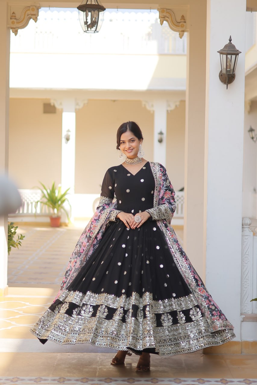 "Exquisite Embroidered Georgette Gown with Tabby Silk Dupatta