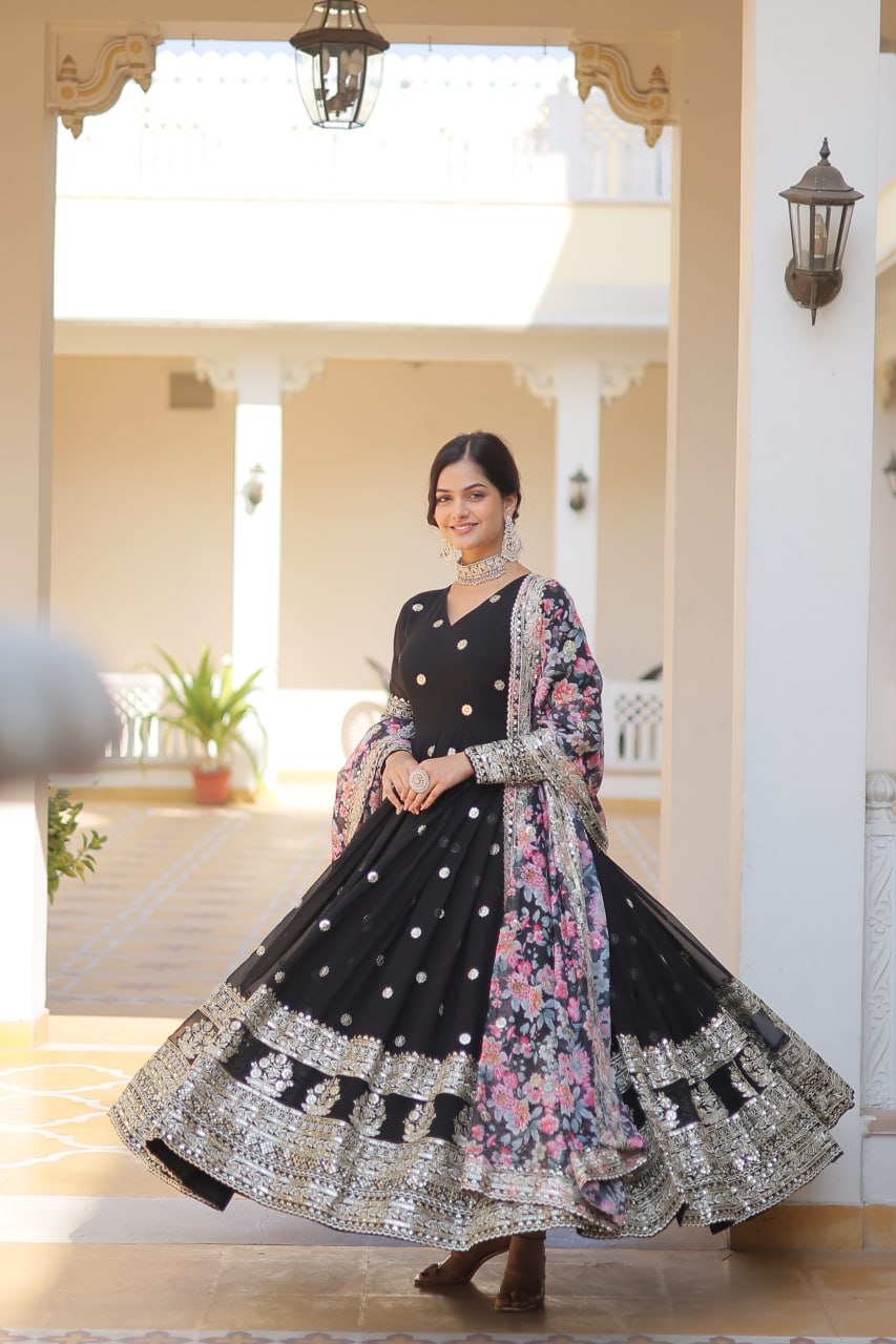 "Exquisite Embroidered Georgette Gown with Tabby Silk Dupatta