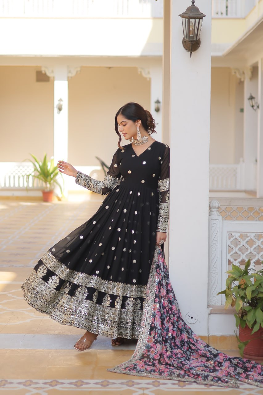 "Exquisite Embroidered Georgette Gown with Tabby Silk Dupatta