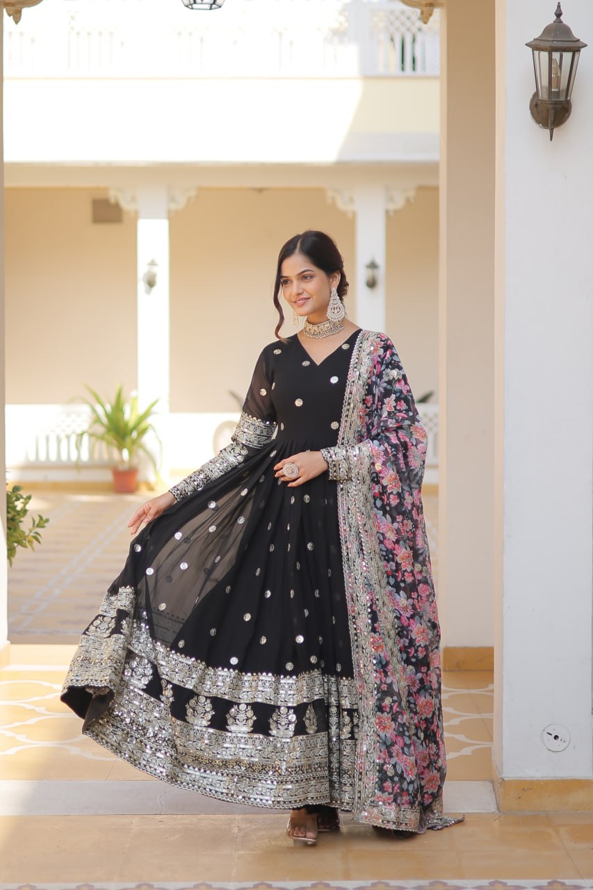 "Exquisite Embroidered Georgette Gown with Tabby Silk Dupatta