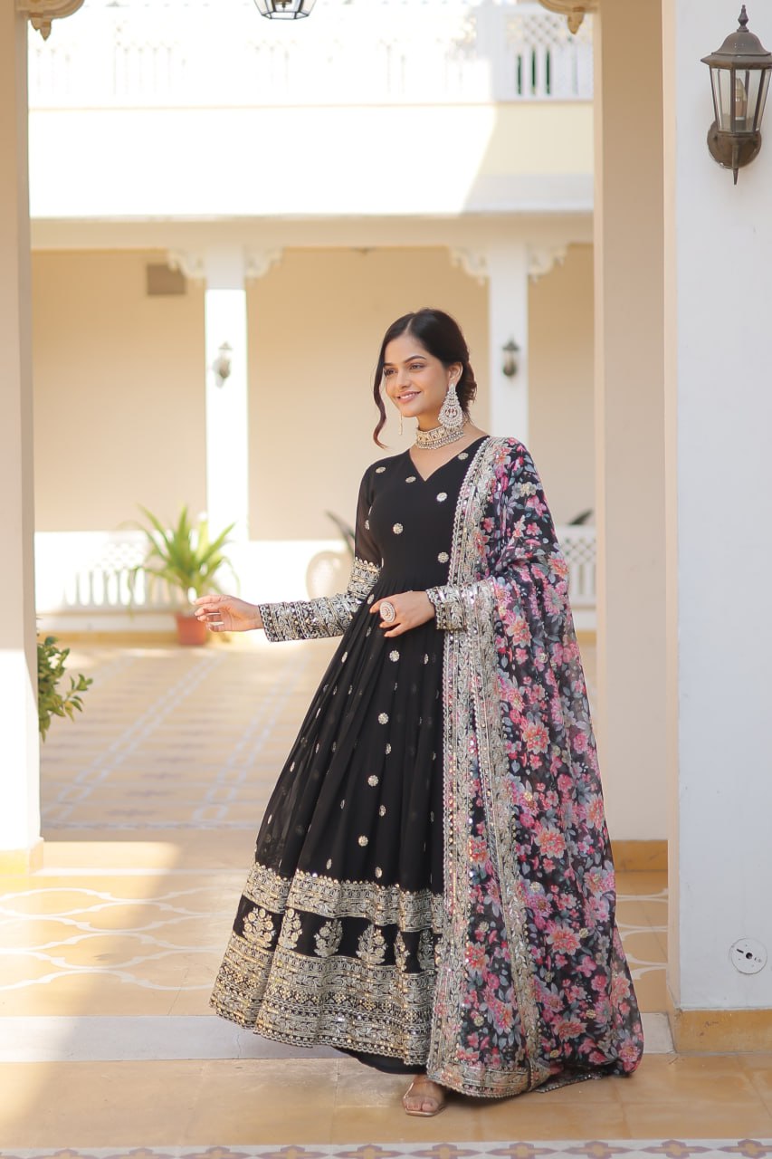 "Exquisite Embroidered Georgette Gown with Tabby Silk Dupatta