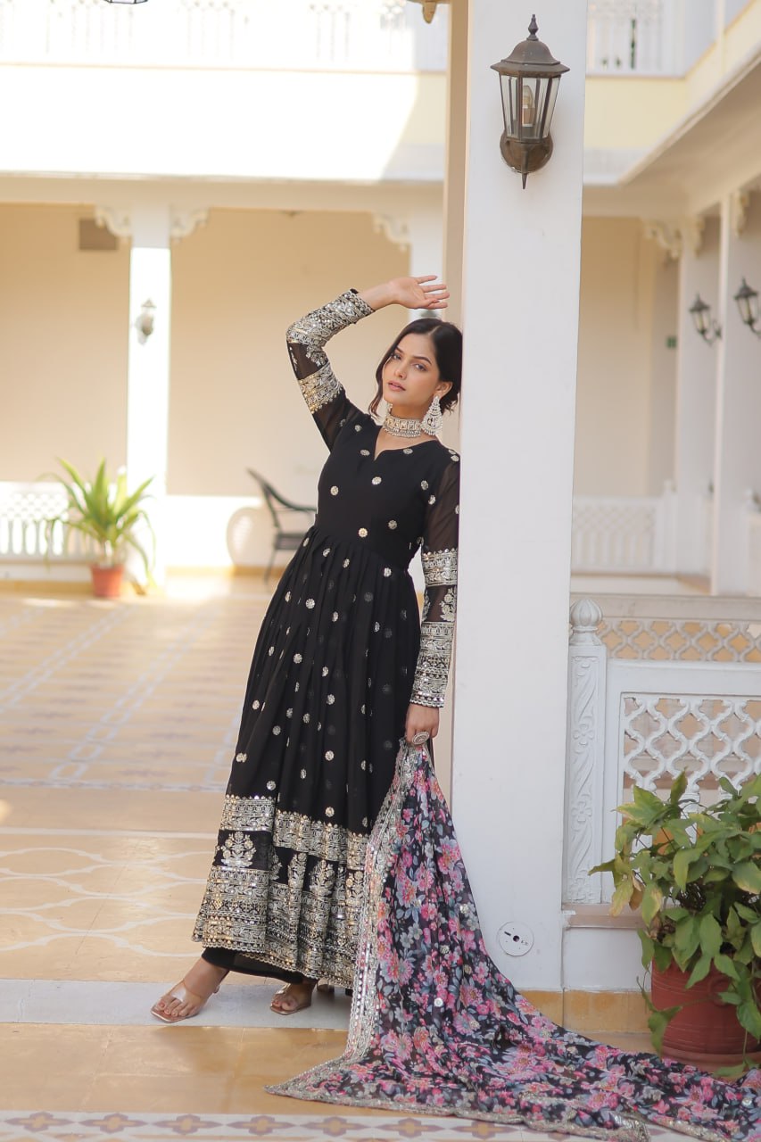 "Exquisite Embroidered Georgette Gown with Tabby Silk Dupatta