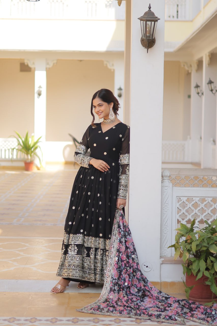 "Exquisite Embroidered Georgette Gown with Tabby Silk Dupatta