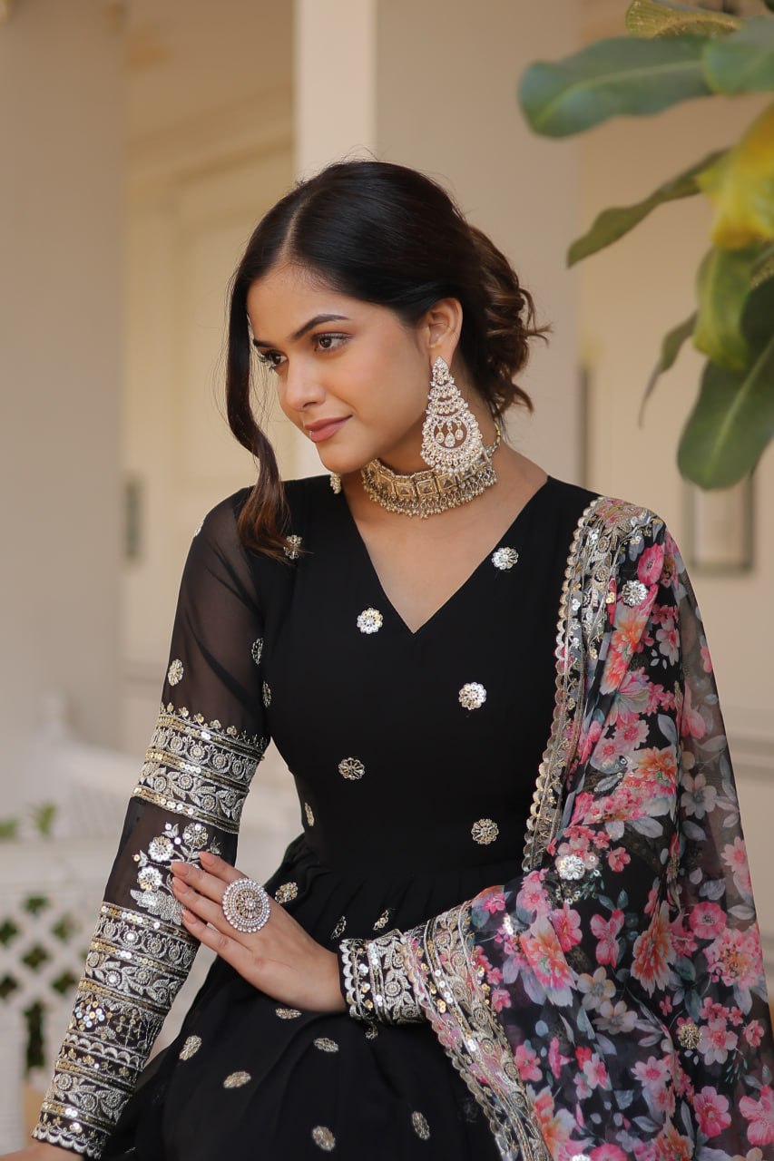 "Exquisite Embroidered Georgette Gown with Tabby Silk Dupatta