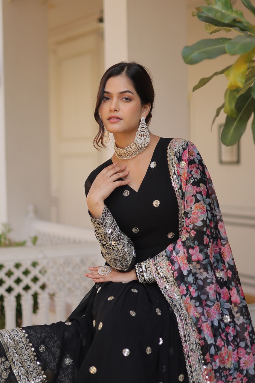 "Exquisite Embroidered Georgette Gown with Tabby Silk Dupatta