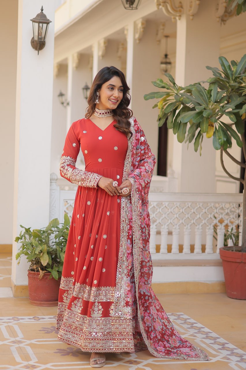 "Exquisite Embroidered Georgette Gown with Tabby Silk Dupatta