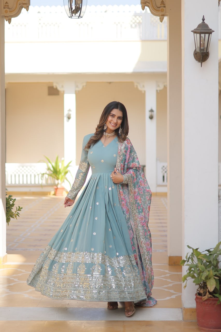 "Exquisite Embroidered Georgette Gown with Tabby Silk Dupatta