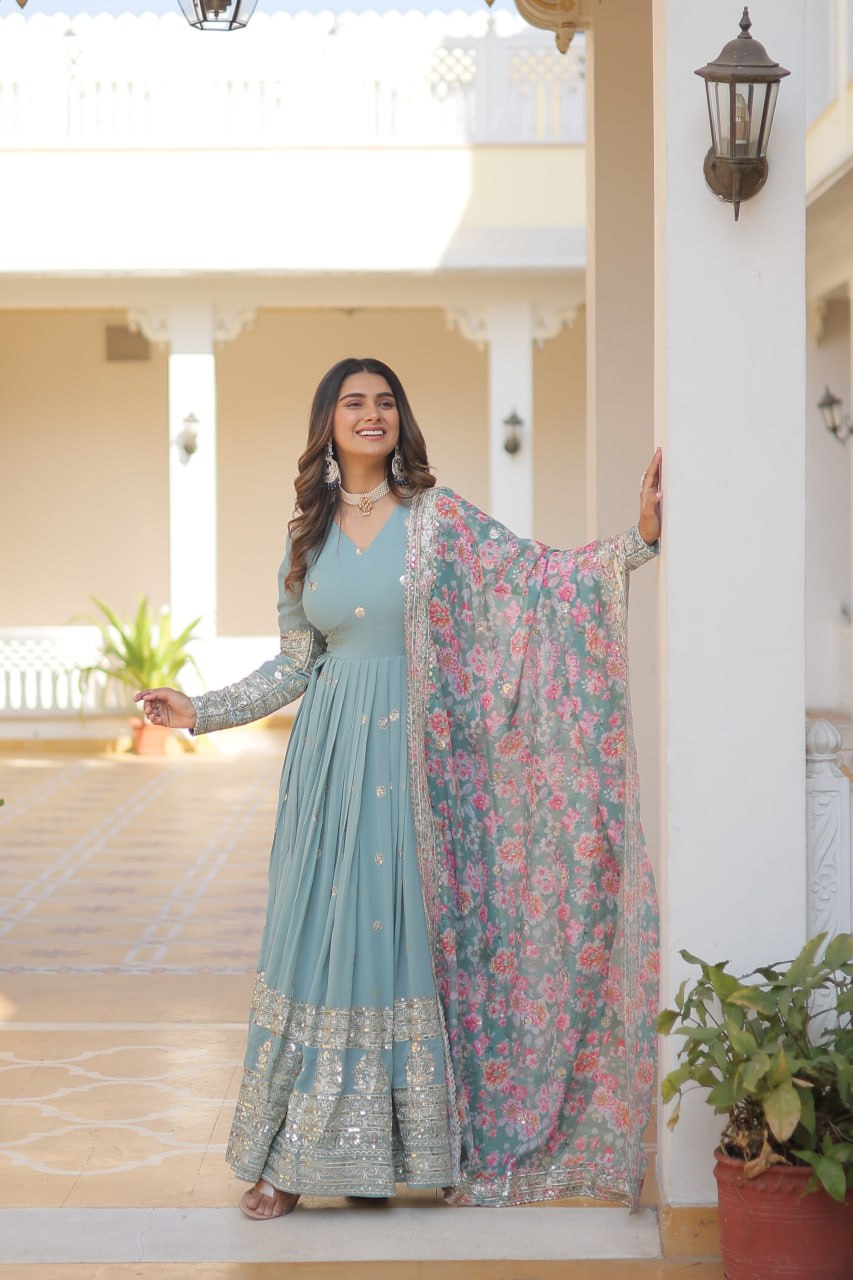 "Exquisite Embroidered Georgette Gown with Tabby Silk Dupatta