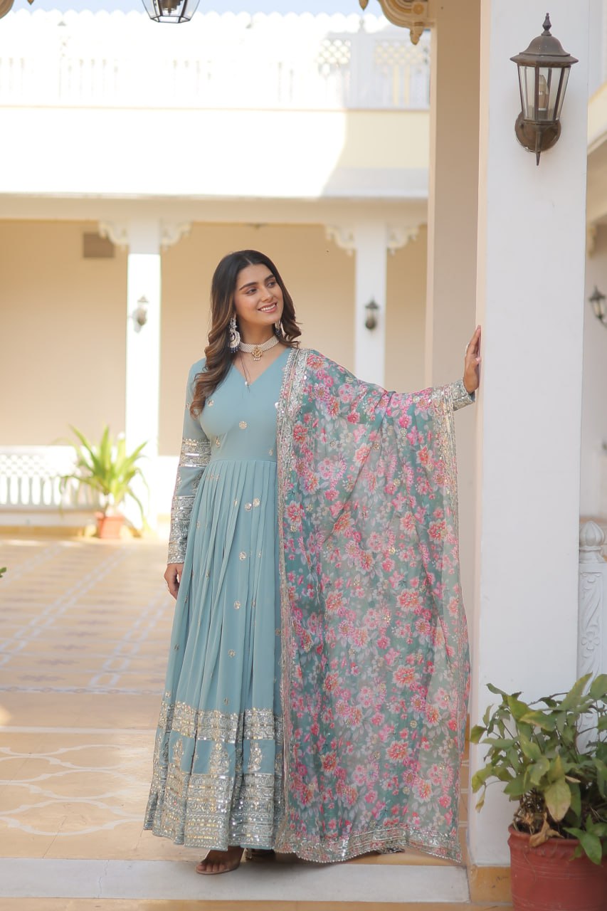 "Exquisite Embroidered Georgette Gown with Tabby Silk Dupatta