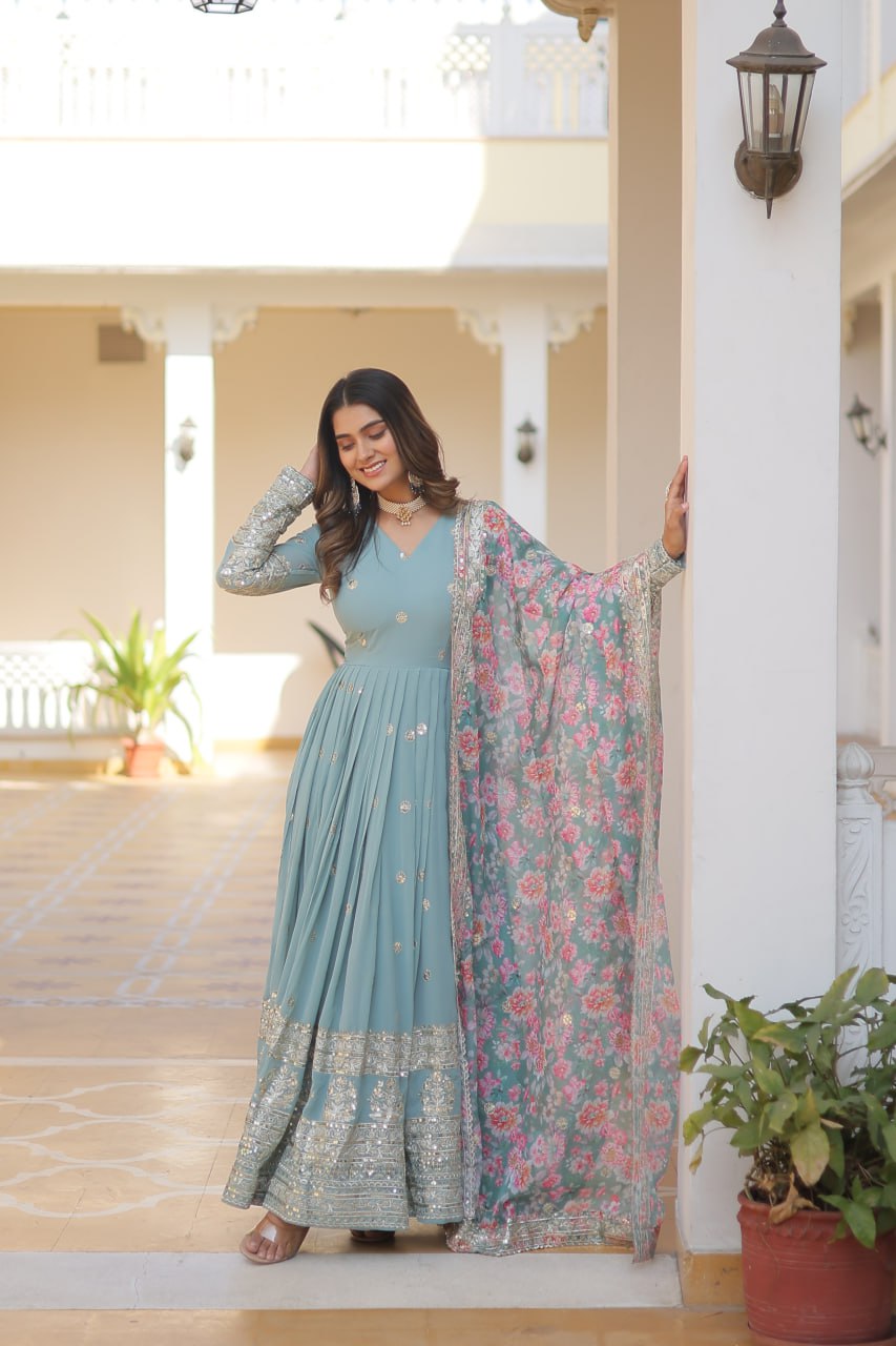 "Exquisite Embroidered Georgette Gown with Tabby Silk Dupatta