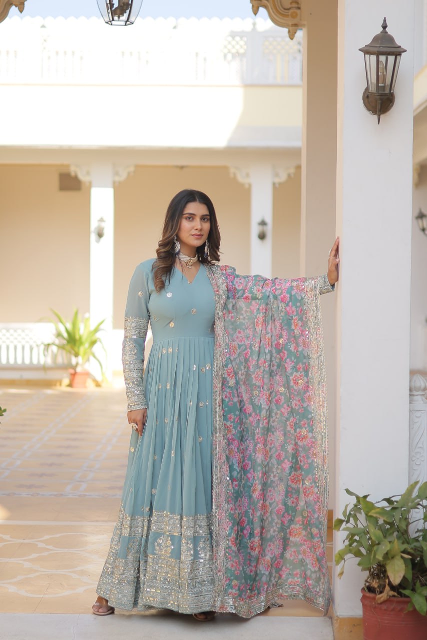 "Exquisite Embroidered Georgette Gown with Tabby Silk Dupatta