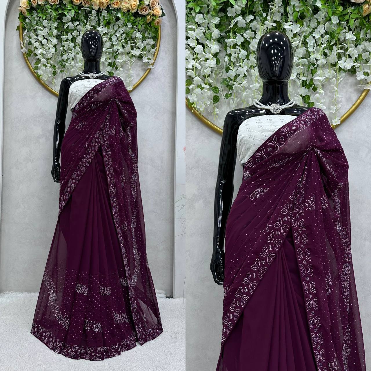 "Exquisite Faux Georgette Saree with Hot Fix Work and Thread & Sequence Blouse Ensemble"