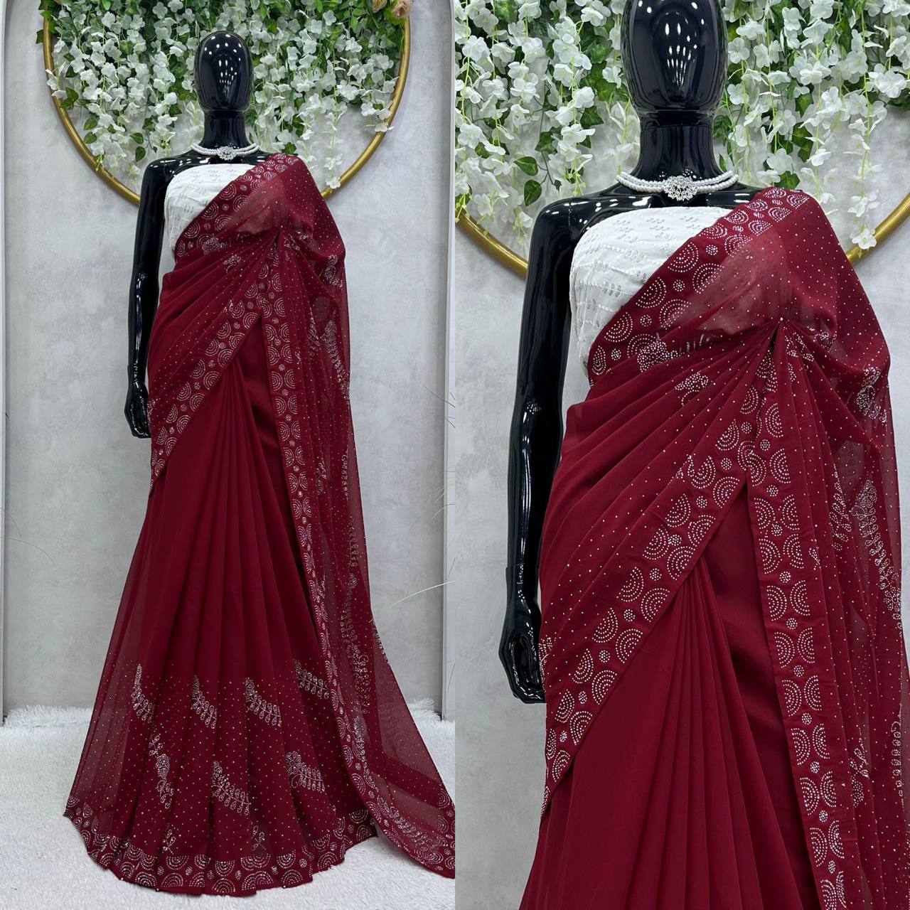 "Exquisite Faux Georgette Saree with Hot Fix Work and Thread & Sequence Blouse Ensemble"