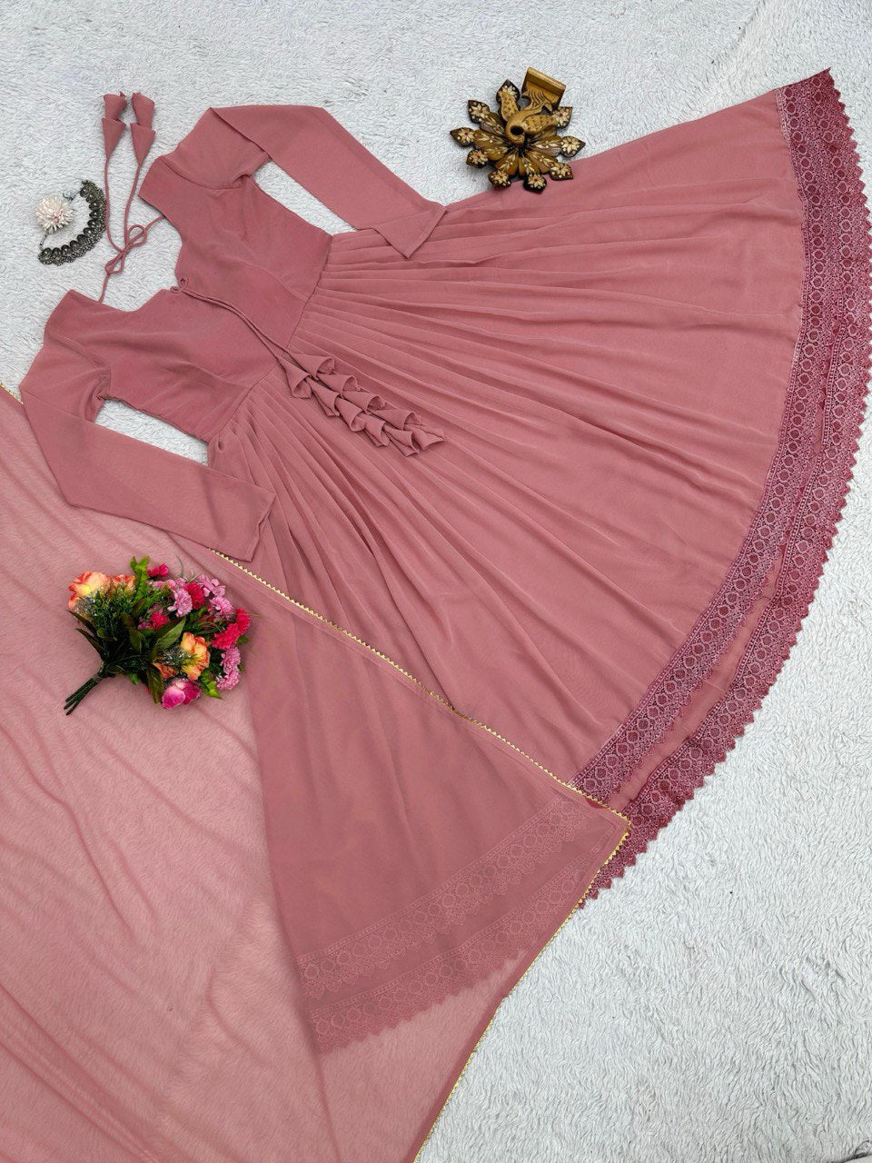 "Exquisite Lace-Worked Designer Gown with Faux Georgette Fabric & Dupatta"