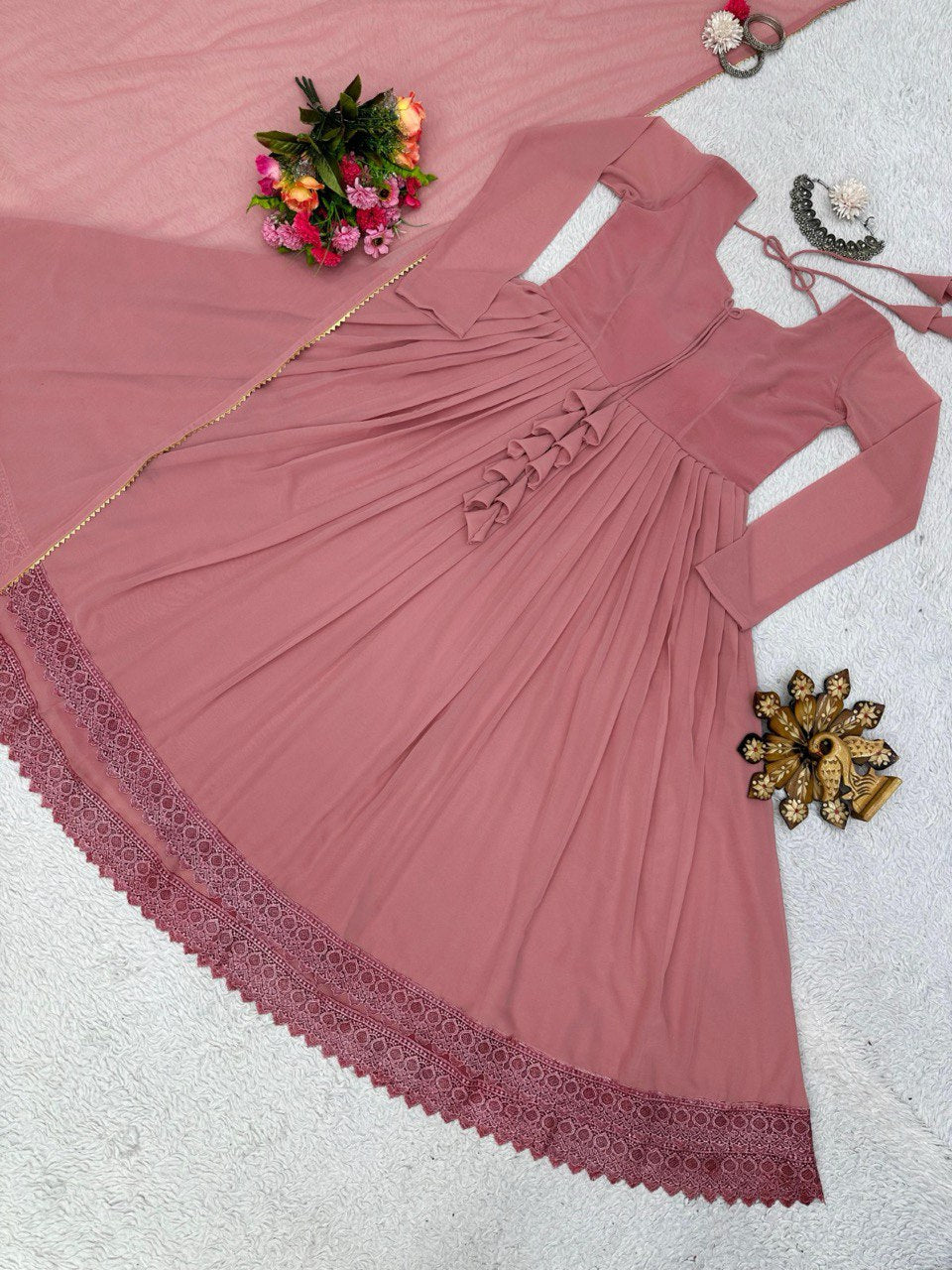 "Exquisite Lace-Worked Designer Gown with Faux Georgette Fabric & Dupatta"