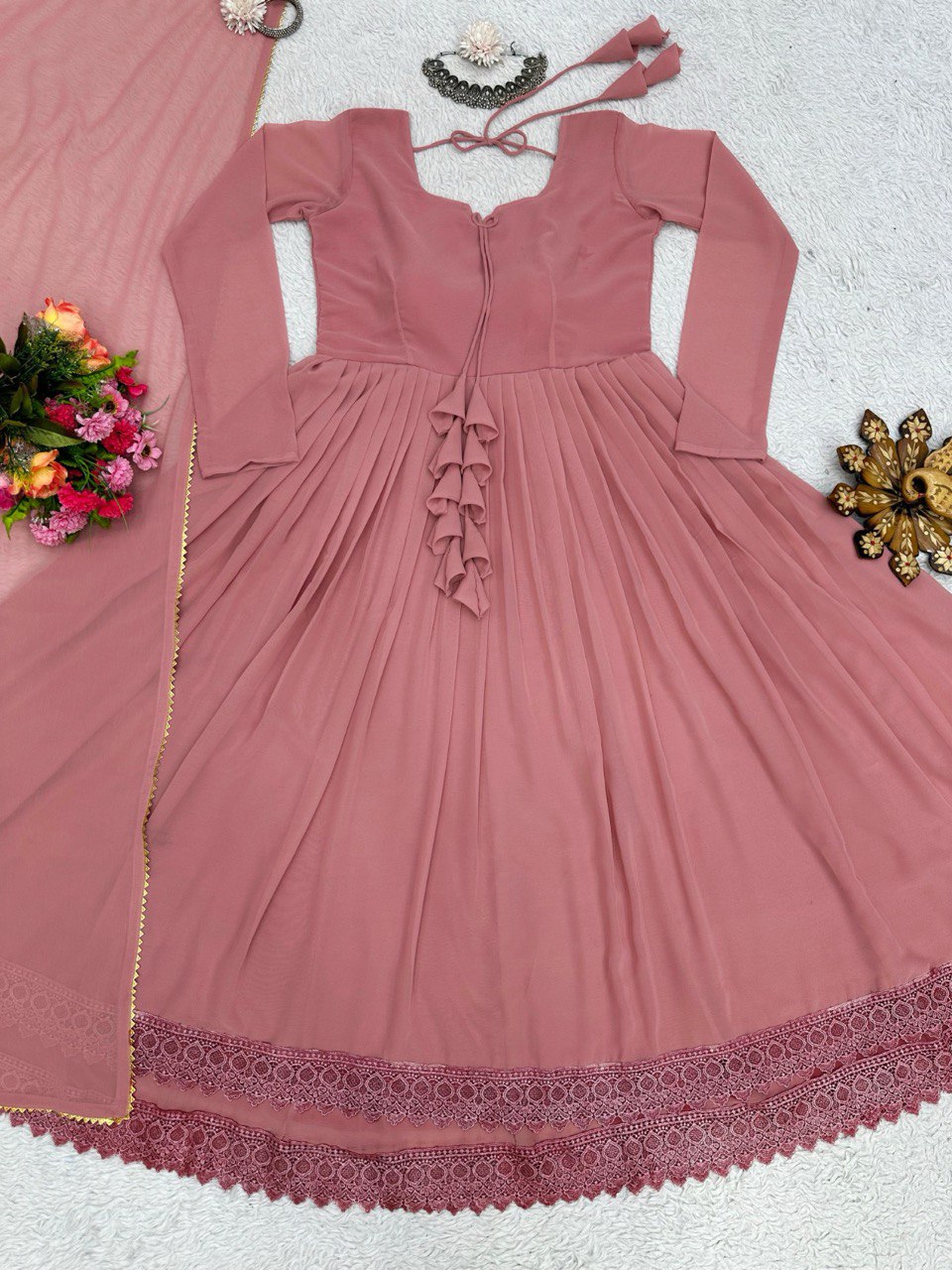 "Exquisite Lace-Worked Designer Gown with Faux Georgette Fabric & Dupatta"