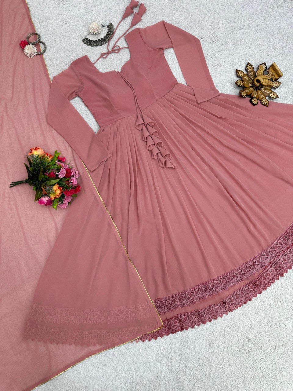 "Exquisite Lace-Worked Designer Gown with Faux Georgette Fabric & Dupatta"