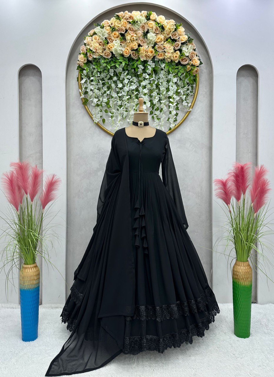 "Exquisite Lace-Worked Designer Gown with Faux Georgette Fabric & Dupatta"