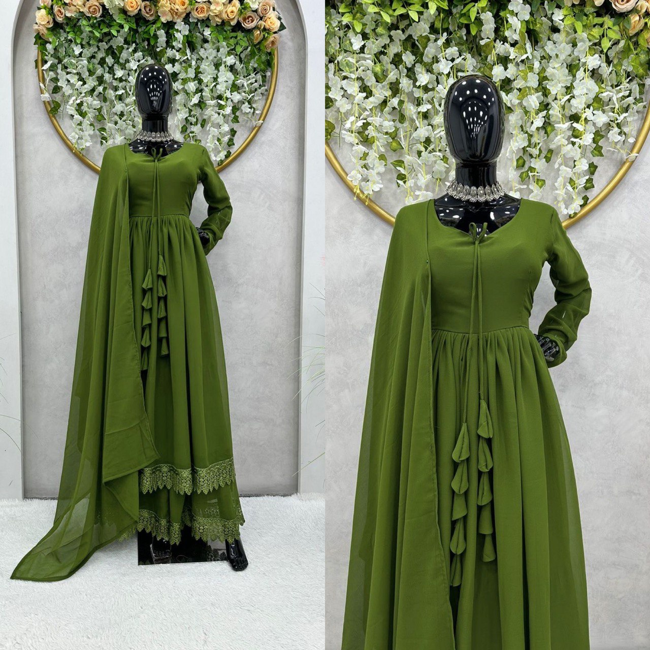 "Exquisite Lace-Worked Designer Gown with Faux Georgette Fabric & Dupatta"