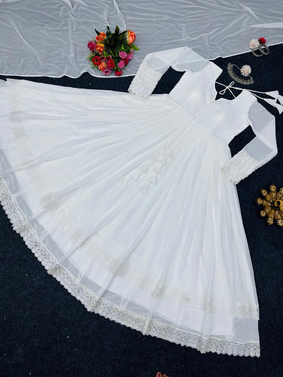 "Exquisite Lace-Worked Designer Gown with Faux Georgette Fabric & Dupatta"