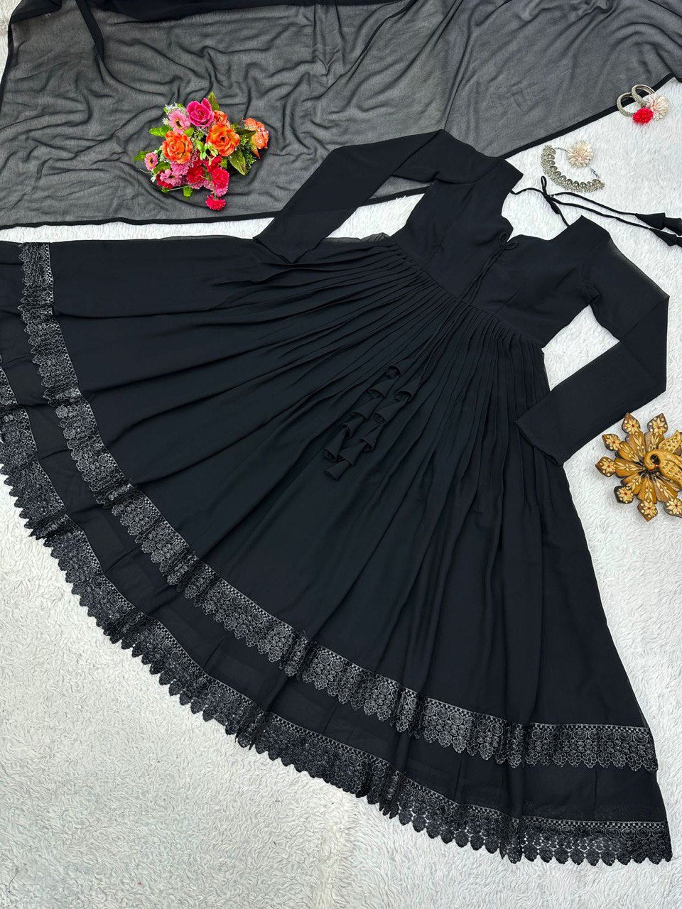 "Exquisite Lace-Worked Designer Gown with Faux Georgette Fabric & Dupatta"