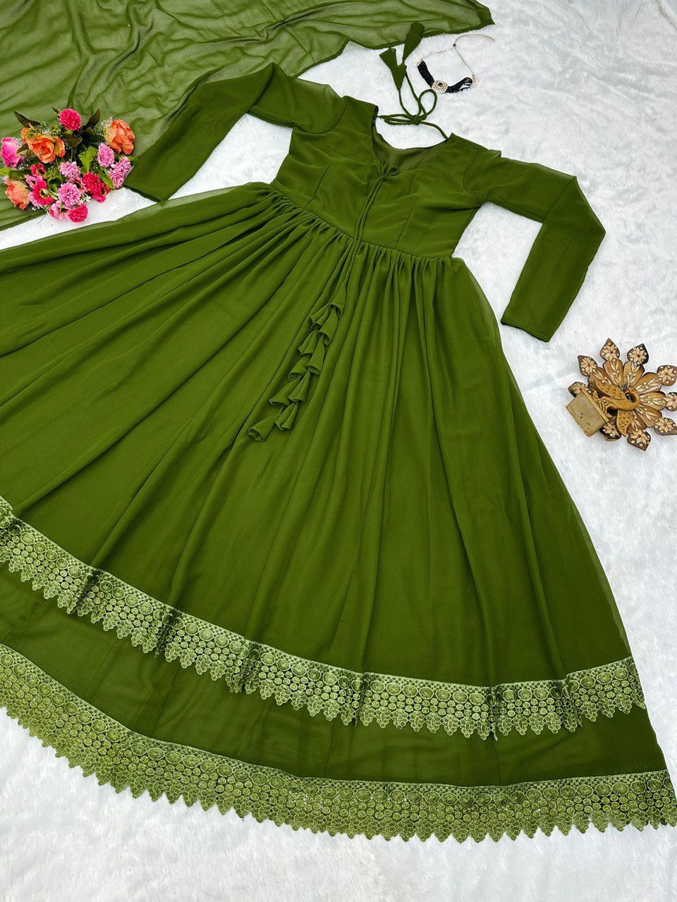 "Exquisite Lace-Worked Designer Gown with Faux Georgette Fabric & Dupatta"