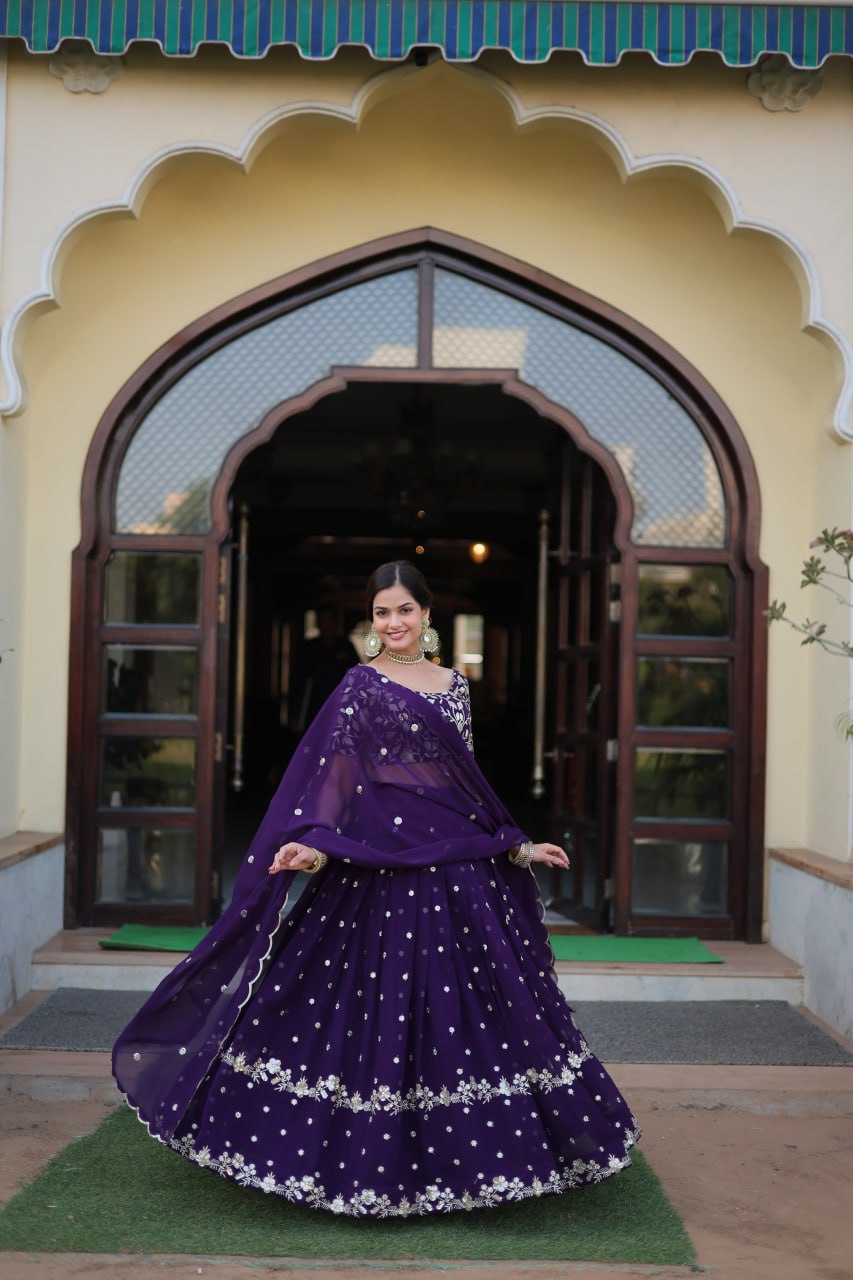 "🌸 Blooming Purple Sequins Lehenga Choli Set - Designer Faux Georgette Ensemble"