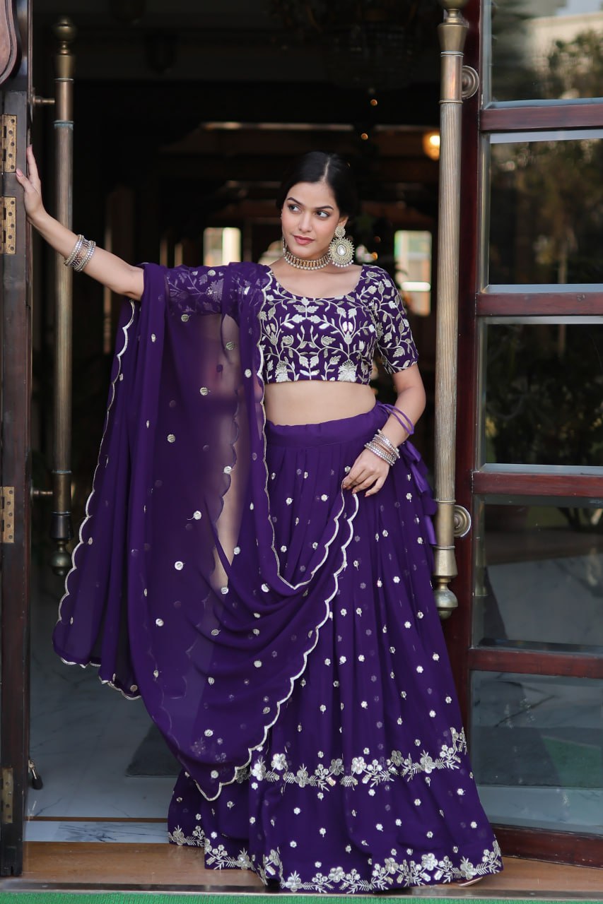 "🌸 Blooming Purple Sequins Lehenga Choli Set - Designer Faux Georgette Ensemble"