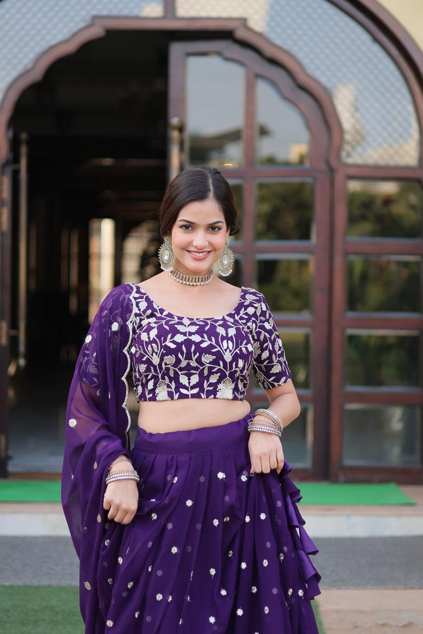 "🌸 Blooming Purple Sequins Lehenga Choli Set - Designer Faux Georgette Ensemble"