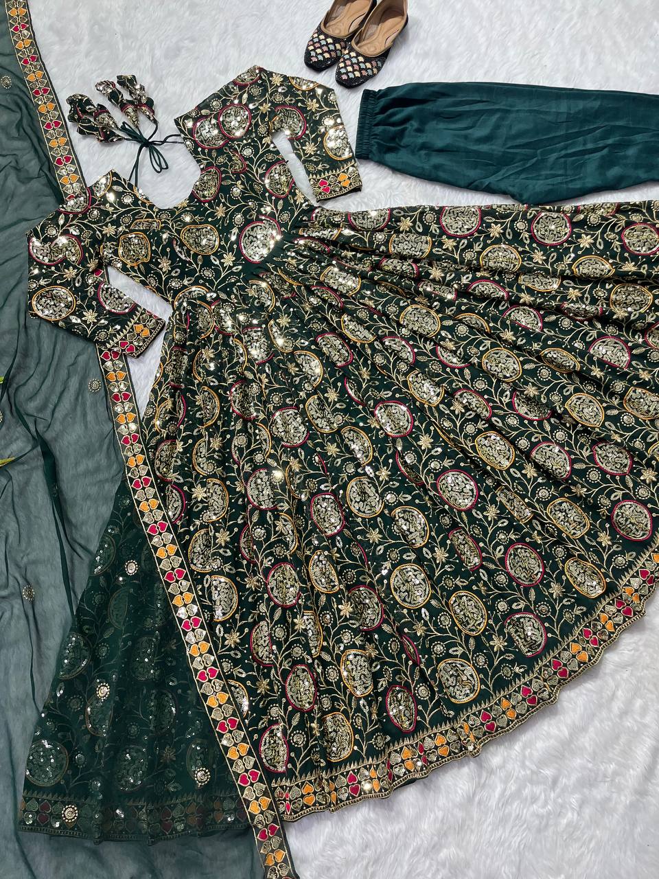 "Regal Elegance: Embroidered Anarkali Gown Suit Set with Sequin Accents"