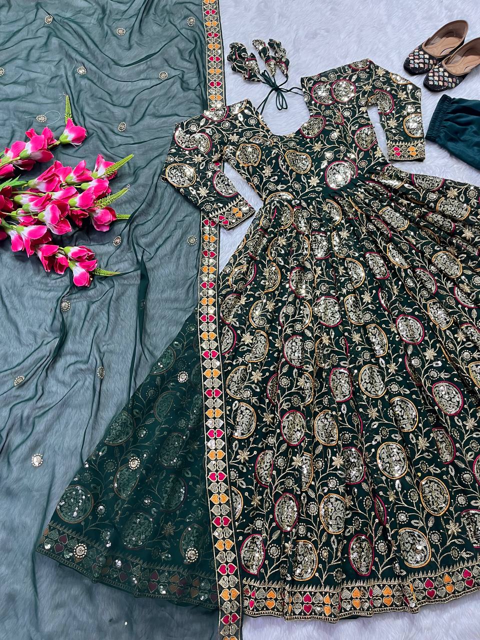 "Regal Elegance: Embroidered Anarkali Gown Suit Set with Sequin Accents"