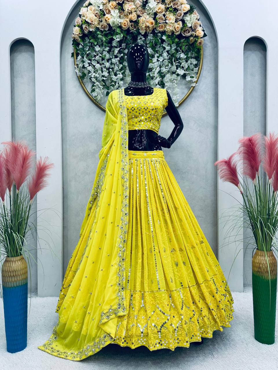 Golden Yellow Embroidered Sequins Semi Stitched Fox Georgette Lehenga Choli Set