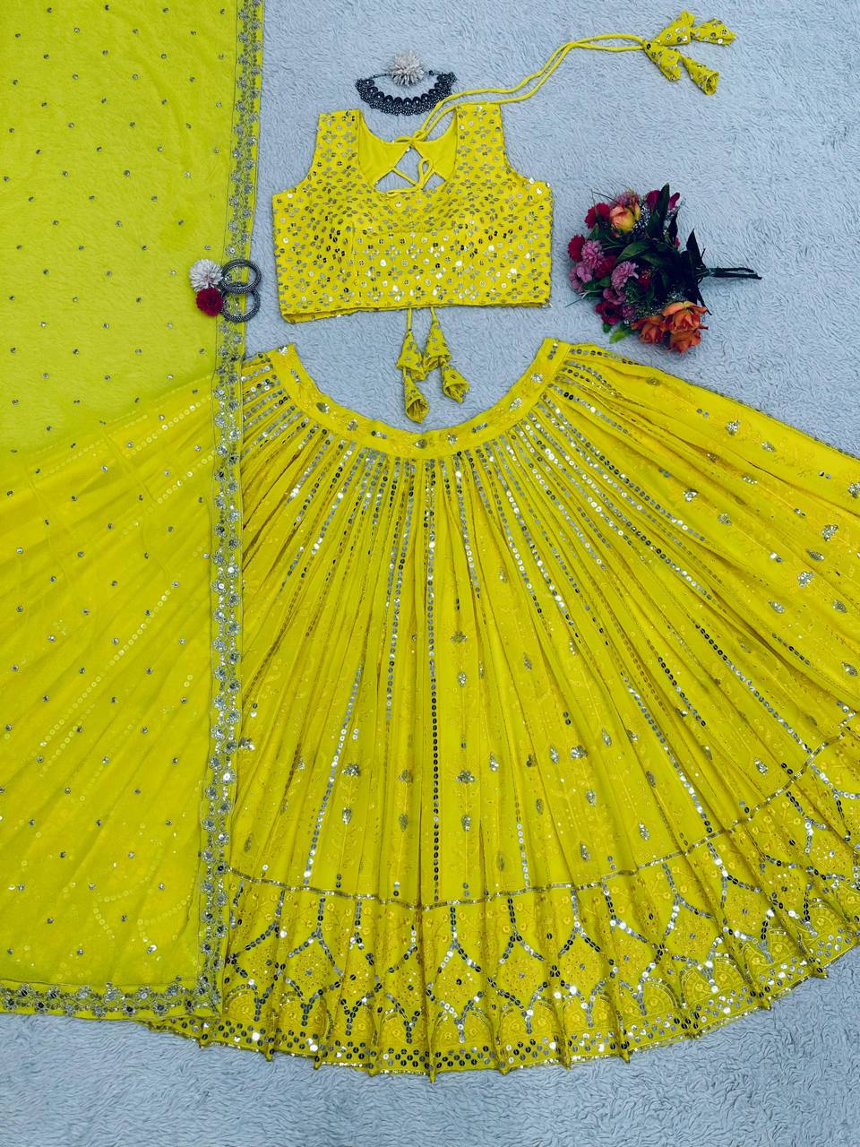 Golden Yellow Embroidered Sequins Semi Stitched Fox Georgette Lehenga Choli Set