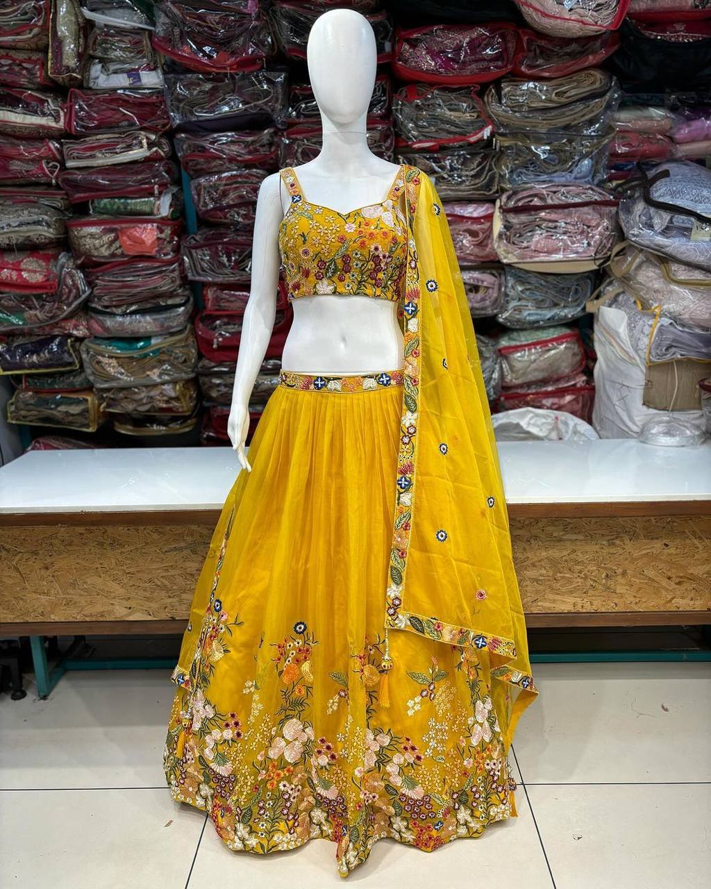 "Golden Glow: Embroidered Tabby Silk Haldi Lehenga Choli Set - Yellow & Pista"