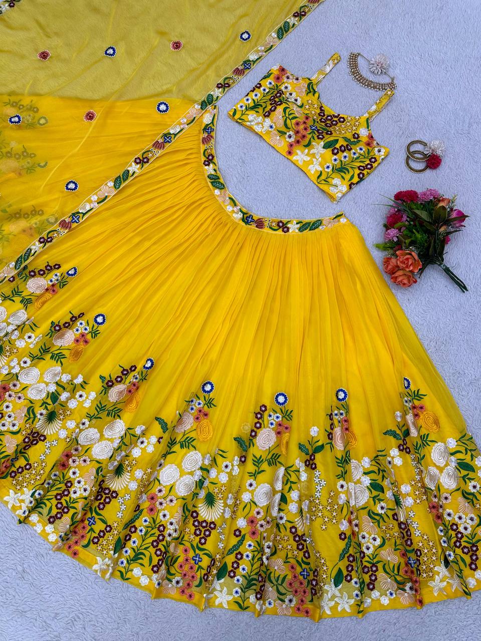 "Golden Glow: Embroidered Tabby Silk Haldi Lehenga Choli Set - Yellow & Pista"