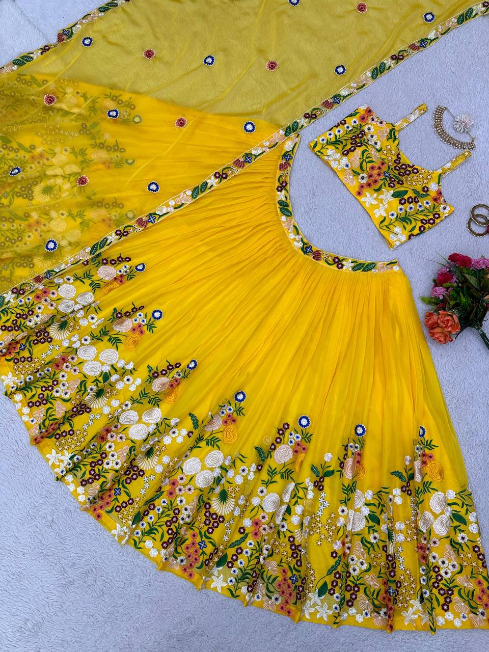 "Golden Glow: Embroidered Tabby Silk Haldi Lehenga Choli Set - Yellow & Pista"