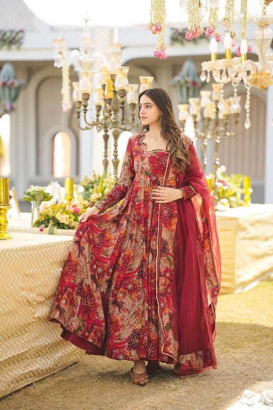 "Red Anarkali Gown Set: Heavy Rayon Fabric with Digital Prints - Elegant Party Wear"