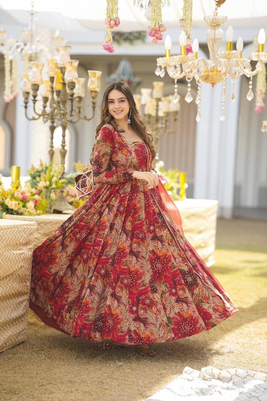 "Red Anarkali Gown Set: Heavy Rayon Fabric with Digital Prints - Elegant Party Wear"